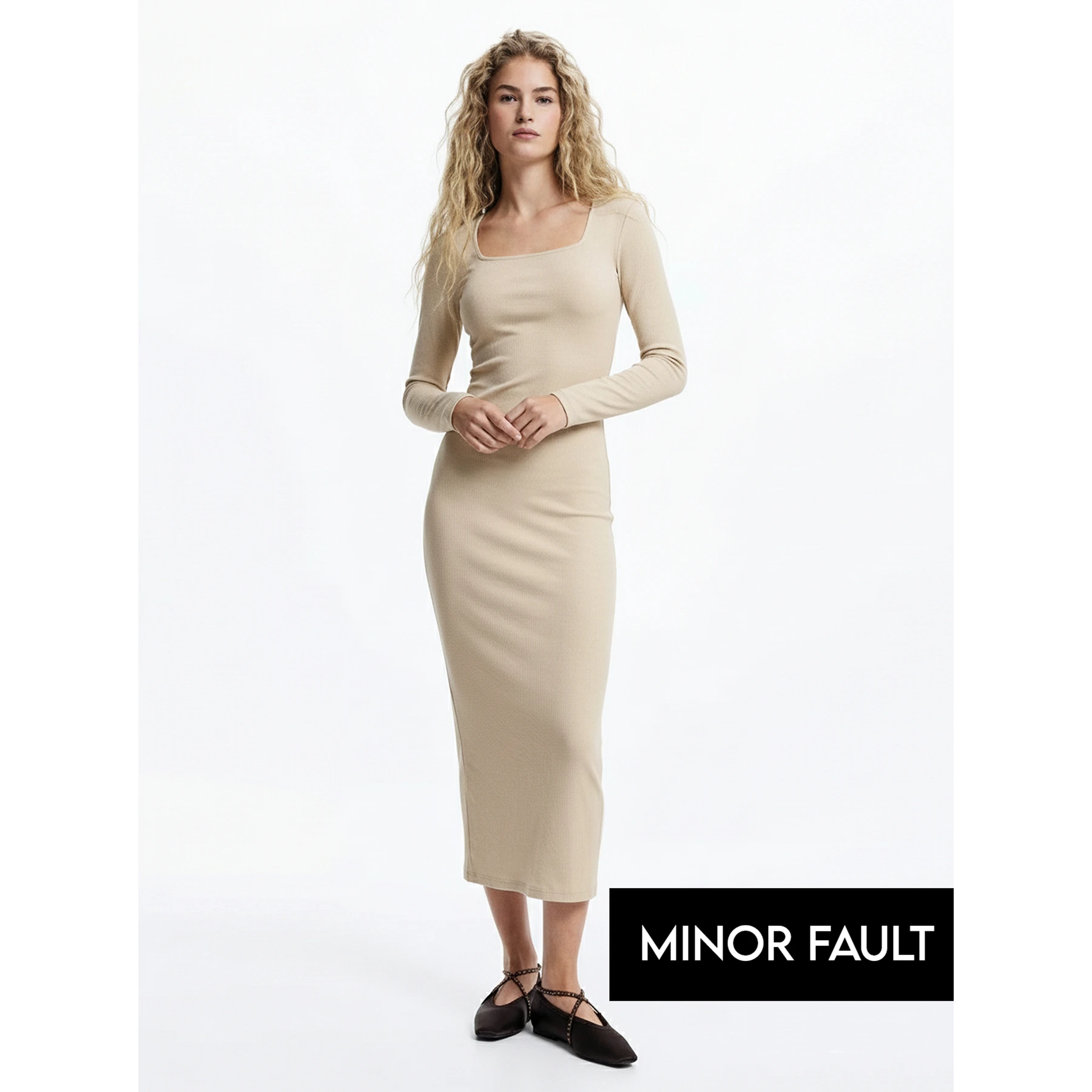 (Minor Fault) Beige Square Neck Bodycon Dress | Montivo Pakistan