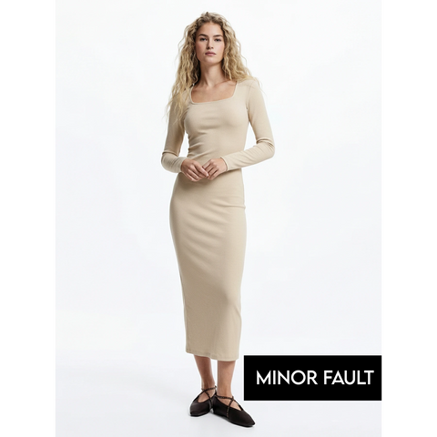 (Minor Fault) Beige Square Neck Bodycon Dress | Montivo Pakistan
