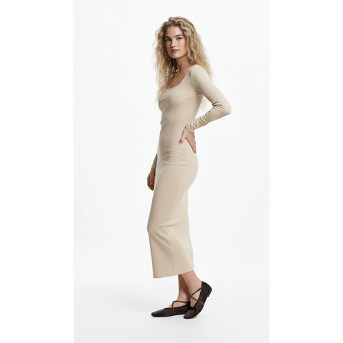 Beige Square Neck Bodycon Dress | Montivo Pakistan