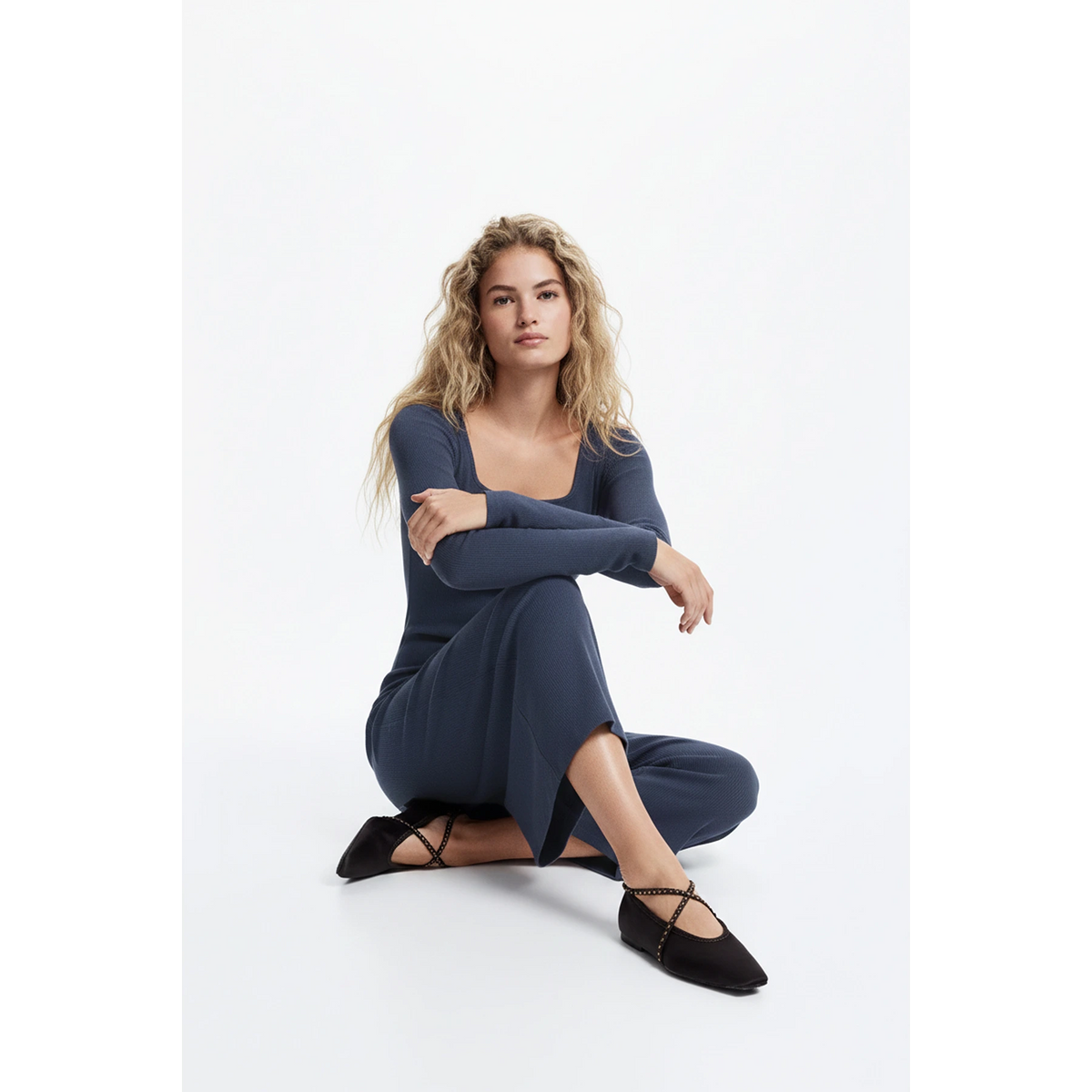 Blue Square Neck Bodycon Dress | Montivo Pakistan