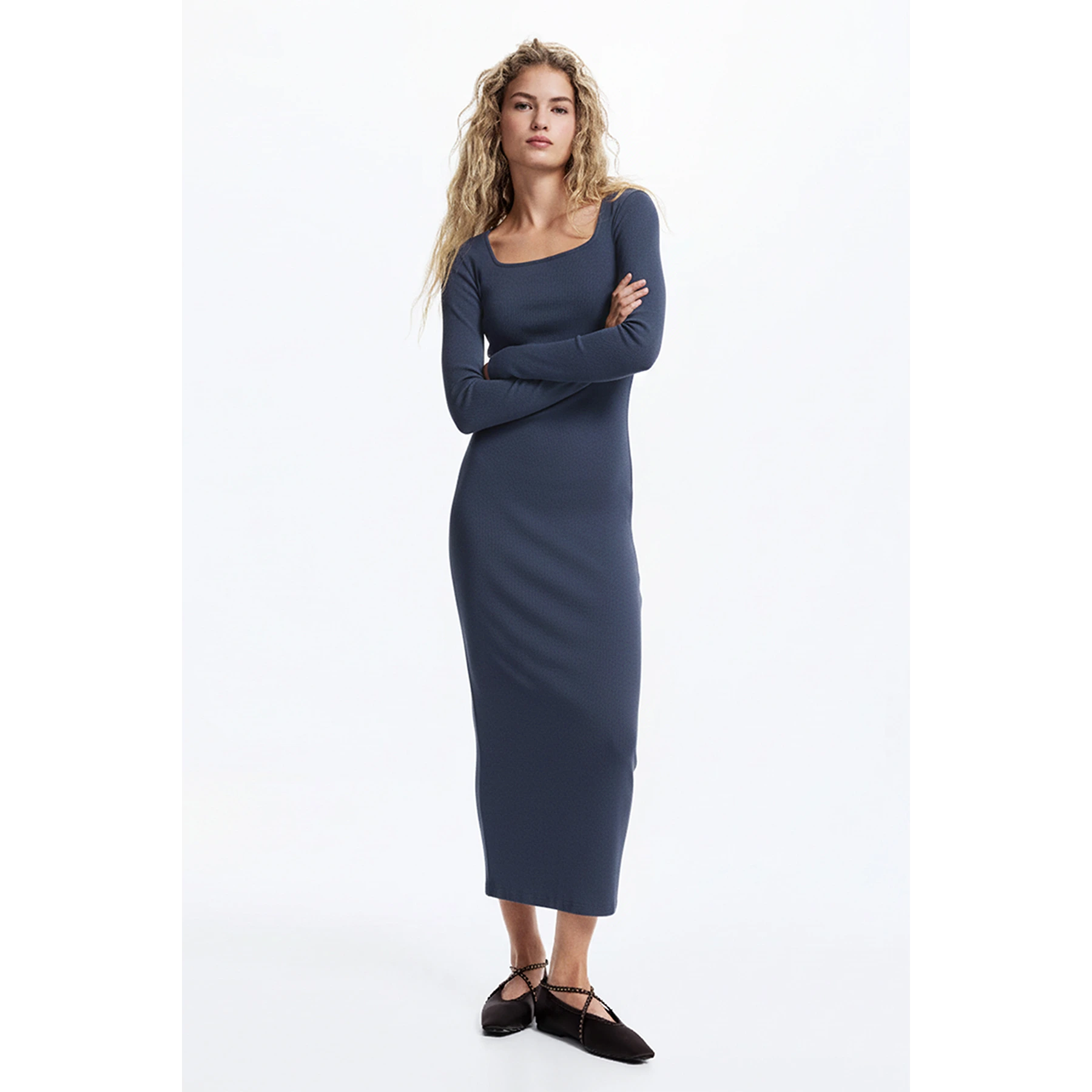 Blue Square Neck Bodycon Dress | Montivo Pakistan