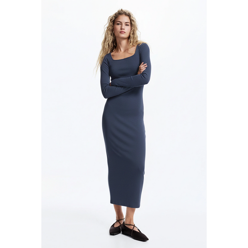 Blue Square Neck Bodycon Dress | Montivo Pakistan