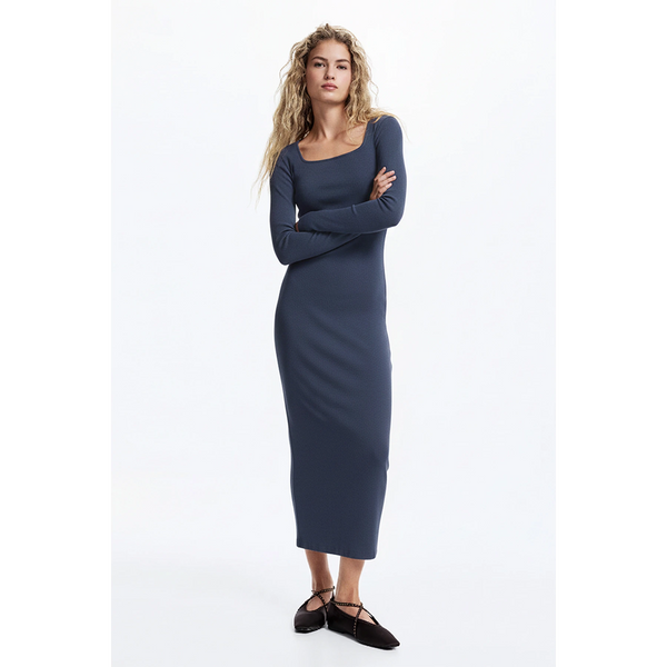 Blue Square Neck Bodycon Dress | Montivo Pakistan