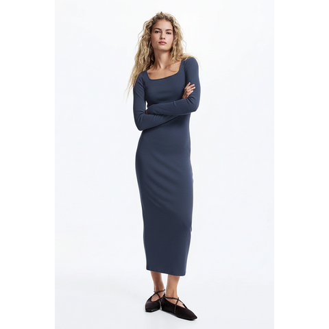 Blue Square Neck Bodycon Dress | Montivo Pakistan