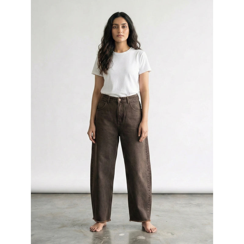 Brown Barrel Frayed Hem Jeans | Montivo Pakistan