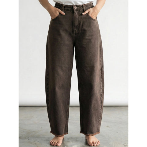 Brown Barrel Frayed Hem Jeans | Montivo Pakistan