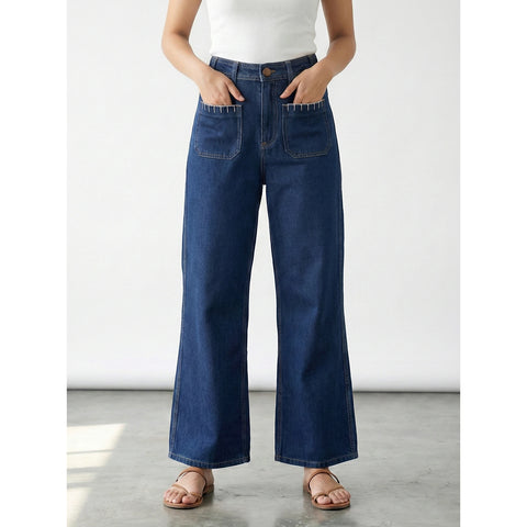 Dark Blue Patch Pocket High Waist Jeans | Montivo Pakistan