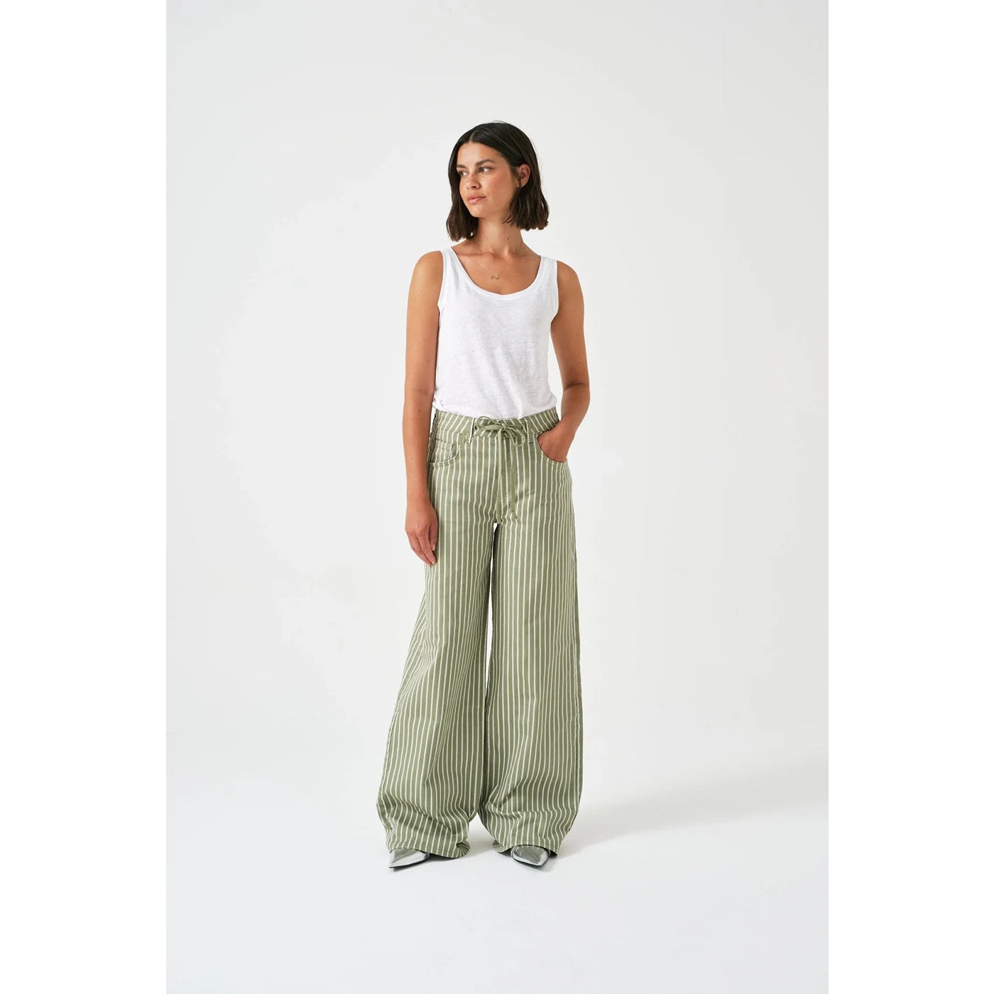 Light Green Stripes Wide Leg Jeans | Montivo Pakistan