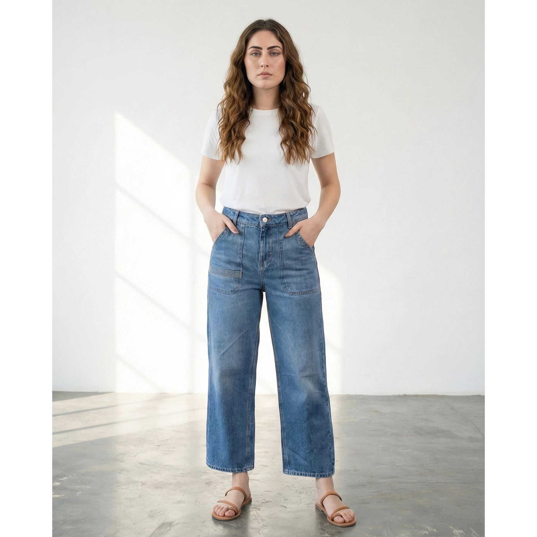 Mid Blue Cropped Wide Leg Jeans | Montivo Pakistan
