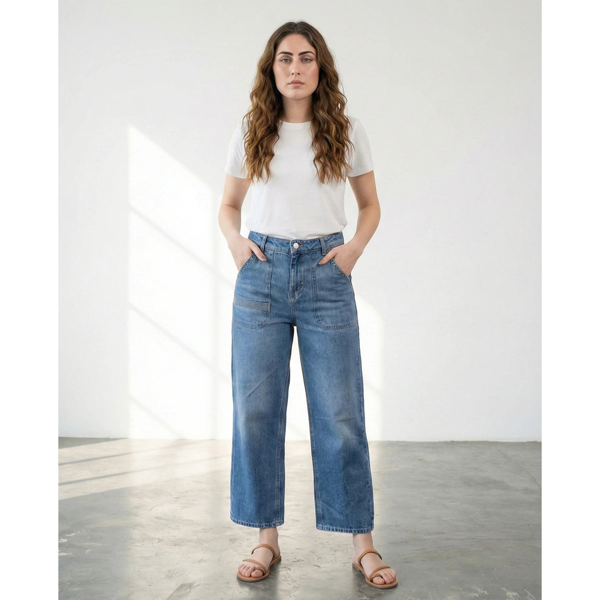 Mid Blue Cropped Wide Leg Jeans | Montivo Pakistan