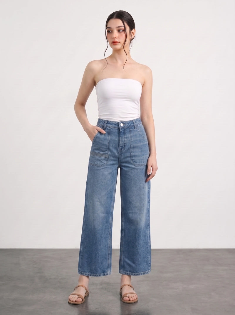 Mid Blue Cropped Wide Leg Jeans | Montivo Pakistan