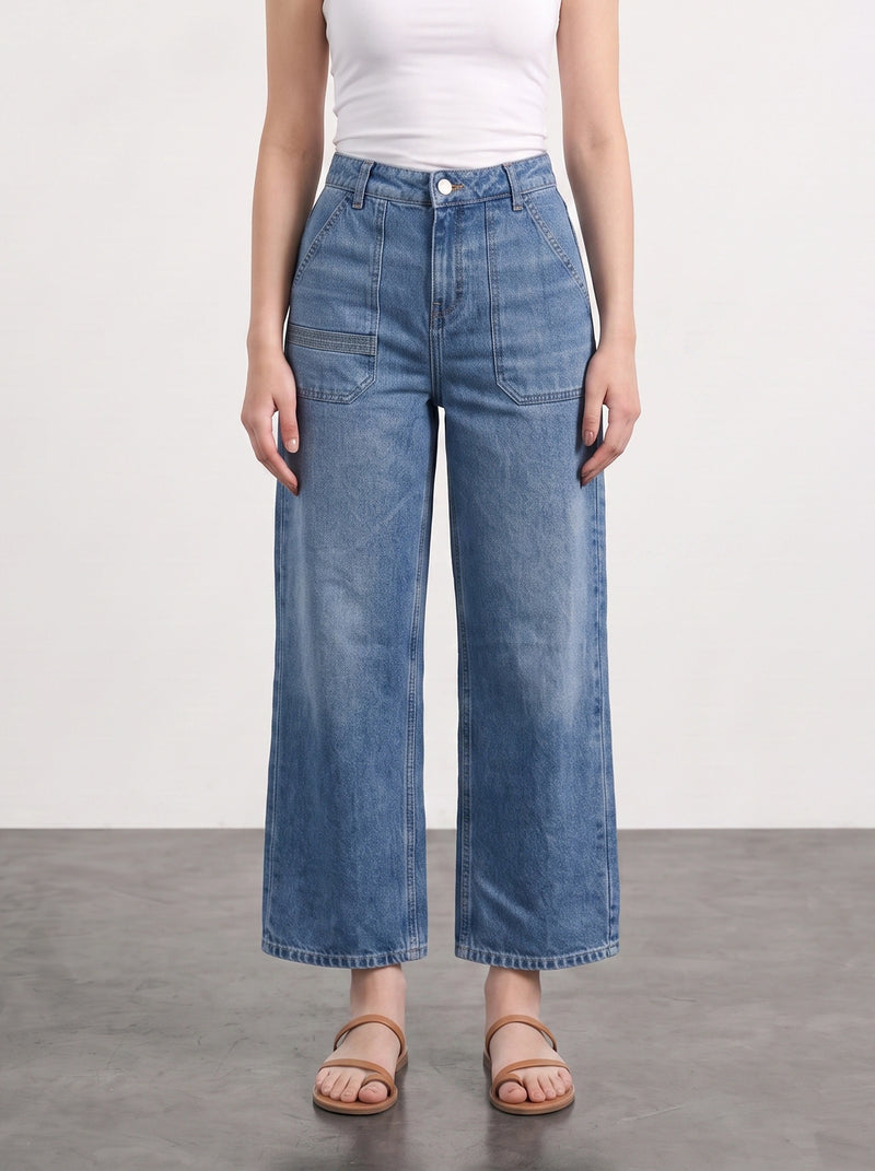 Mid Blue Cropped Wide Leg Jeans | Montivo Pakistan