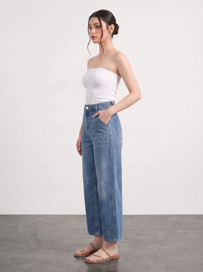 Mid Blue Cropped Wide Leg Jeans | Montivo Pakistan