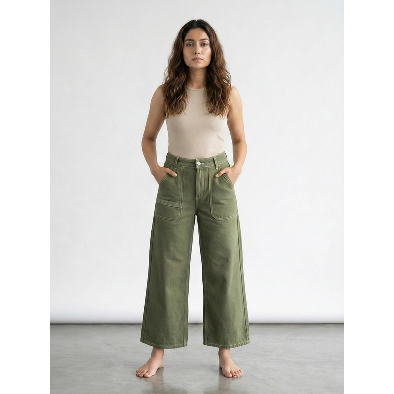 Olive Wide Leg Cropped Jeans | Montivo Pakistan