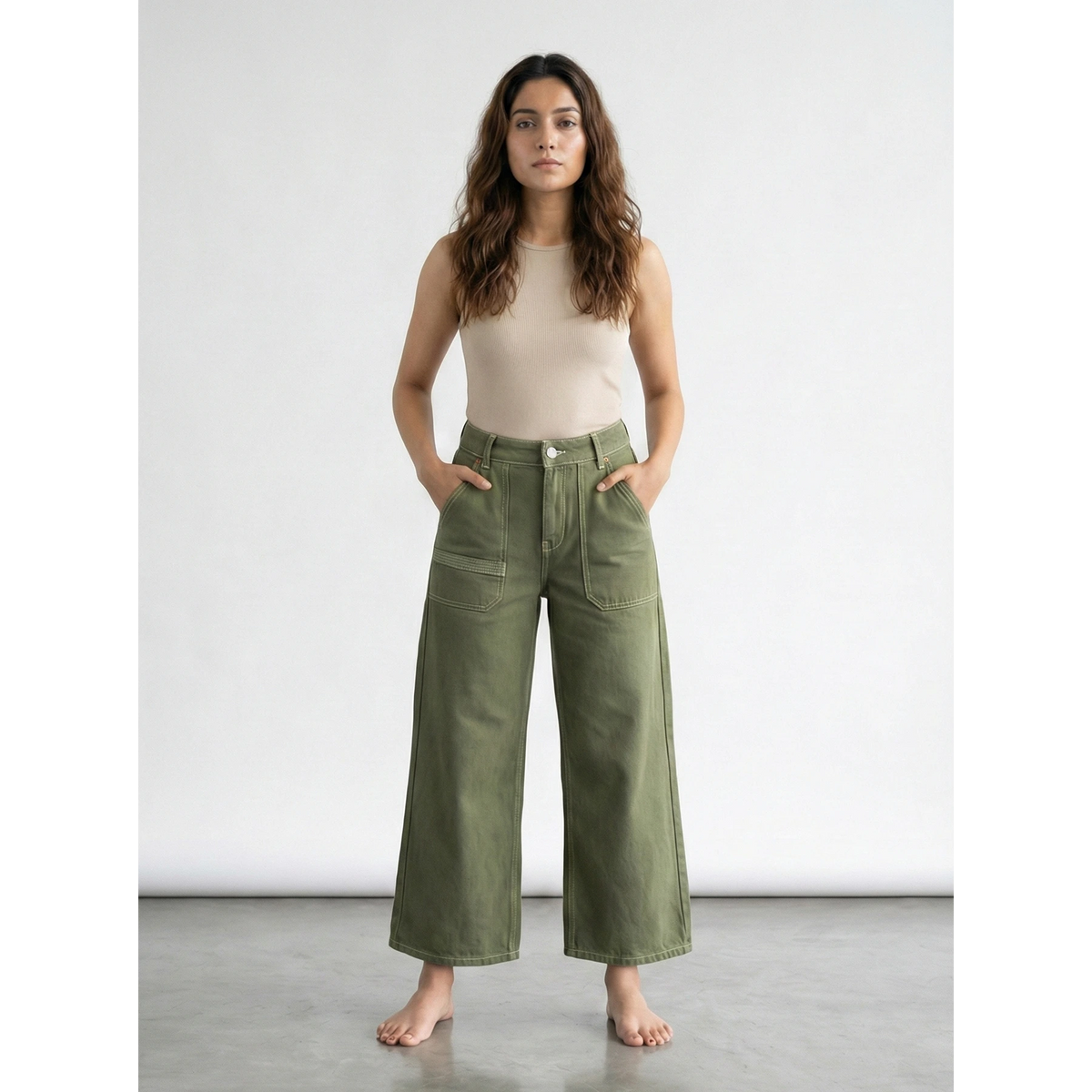 Olive Wide Leg Cropped Jeans | Montivo Pakistan