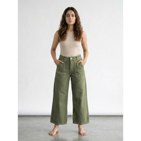 Olive Wide Leg Cropped Jeans | Montivo Pakistan