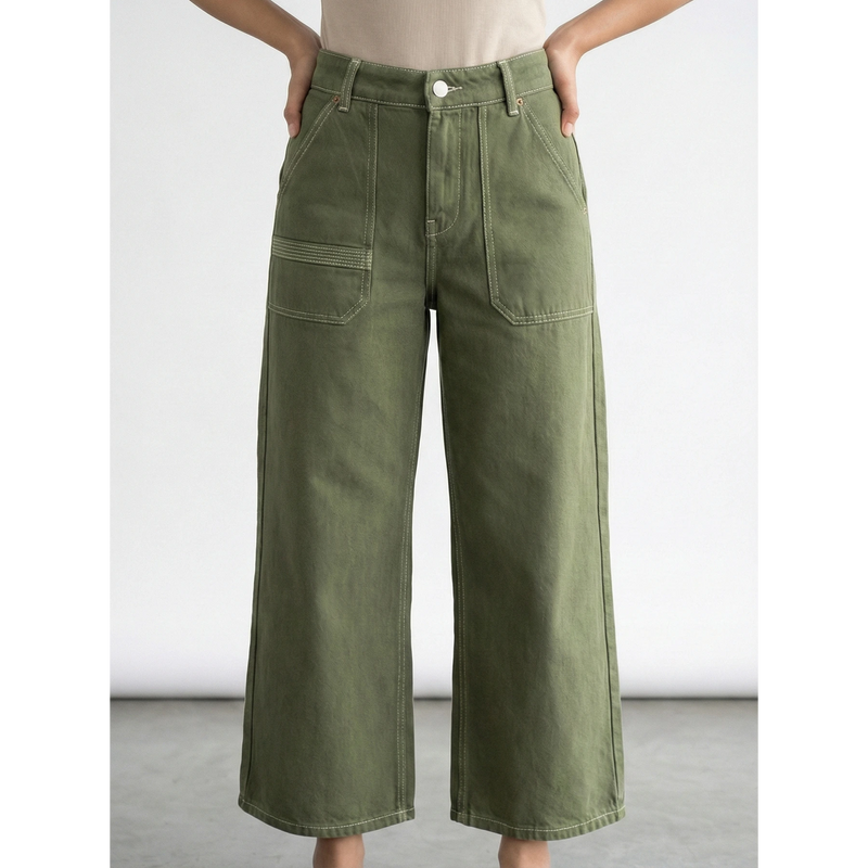 Olive Wide Leg Cropped Jeans | Montivo Pakistan