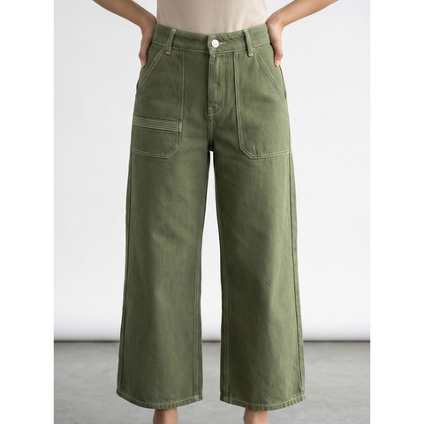 Olive Wide Leg Cropped Jeans | Montivo Pakistan