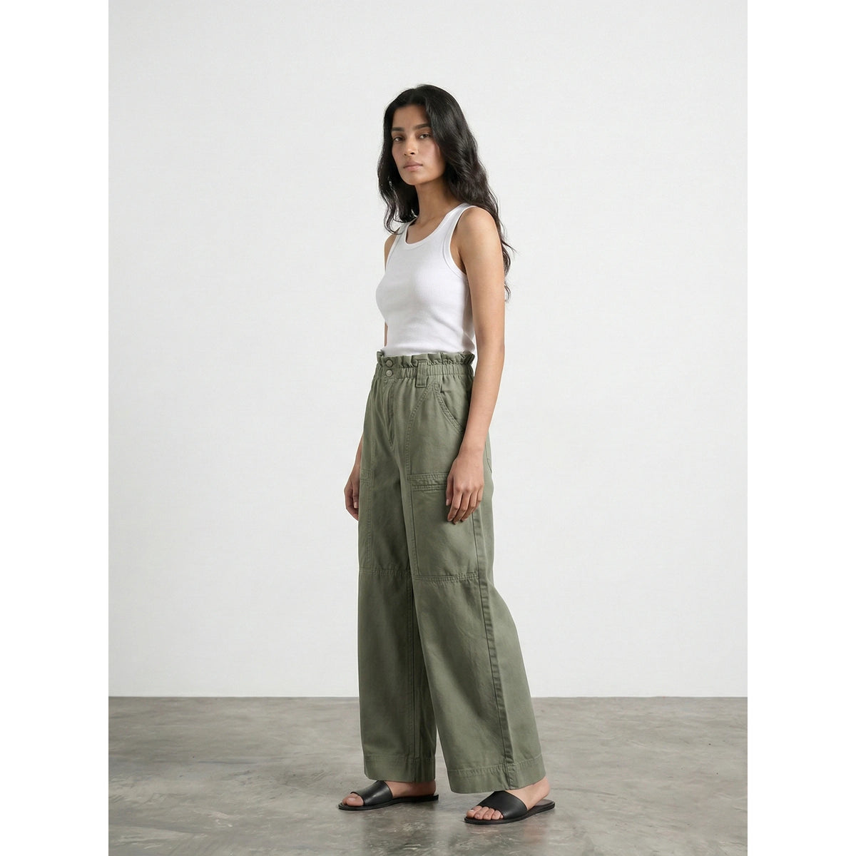 Olive Wide Leg Paper Bag Culottes Jeans | Montivo Pakistan