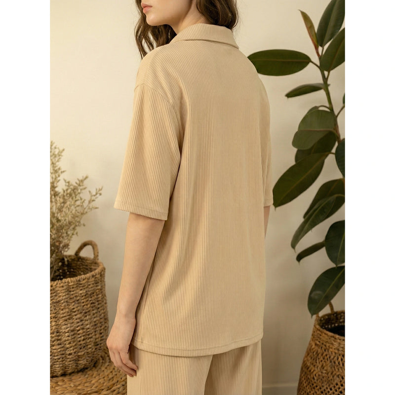 Beige Ridge Textured Oversized Shirt | Montivo Pakistan