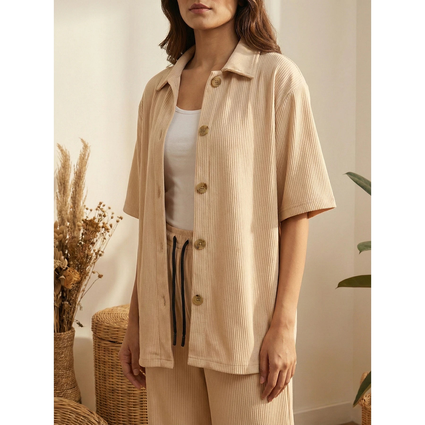 Beige Ridge Textured Oversized Shirt | Montivo Pakistan