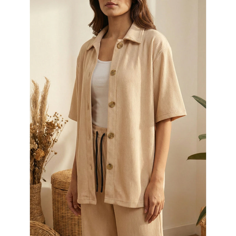 Beige Ridge Textured Oversized Shirt | Montivo Pakistan