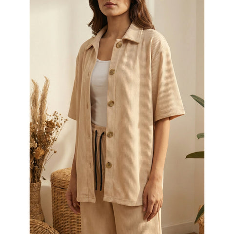 Beige Ridge Textured Oversized Shirt | Montivo Pakistan