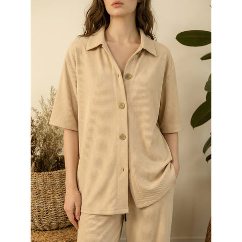 Beige Ridge Textured Oversized Shirt | Montivo Pakistan