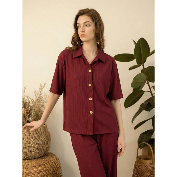 Burgundy Ridge Textured Oversized Shirt | Montivo Pakistan