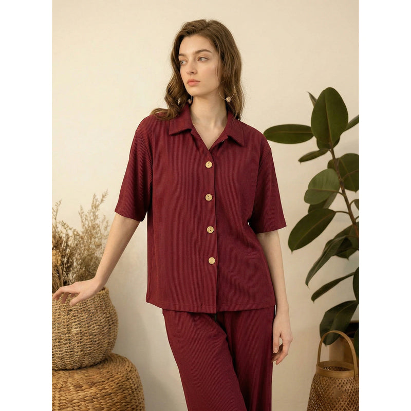 Burgundy Ridge Textured Oversized Shirt | Montivo Pakistan