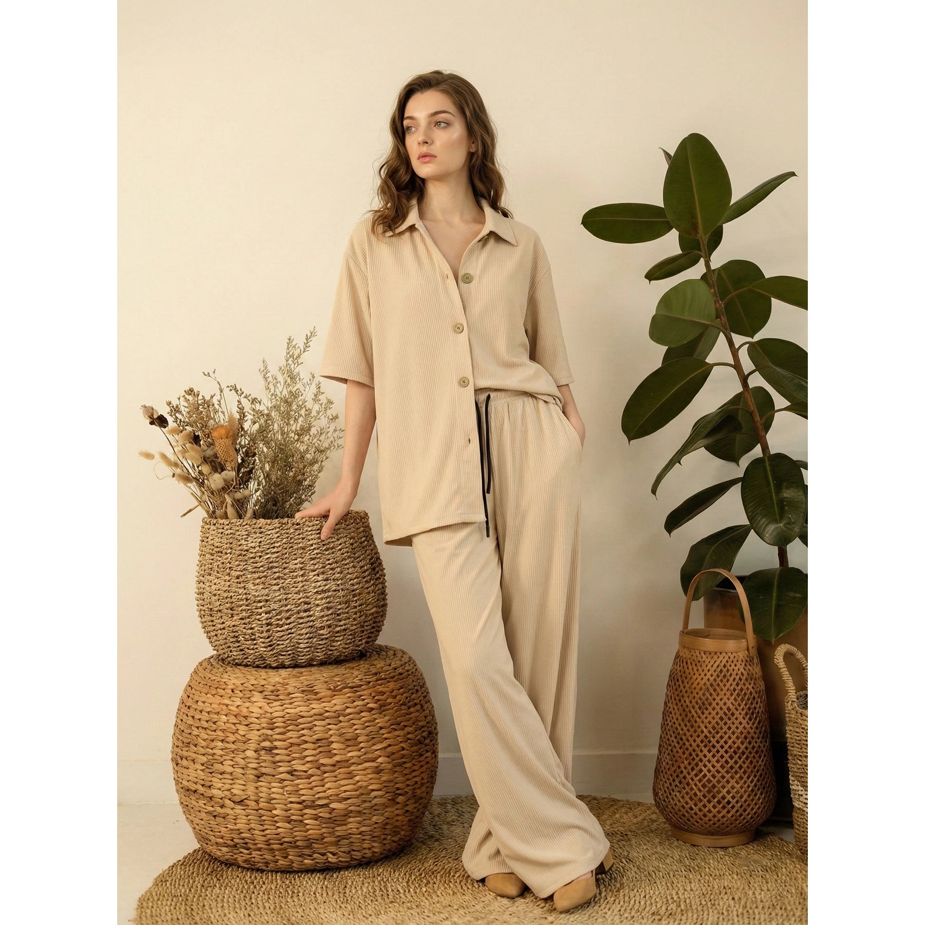 Beige Ridge Textured Wide Leg Trousers | Montivo Pakistan