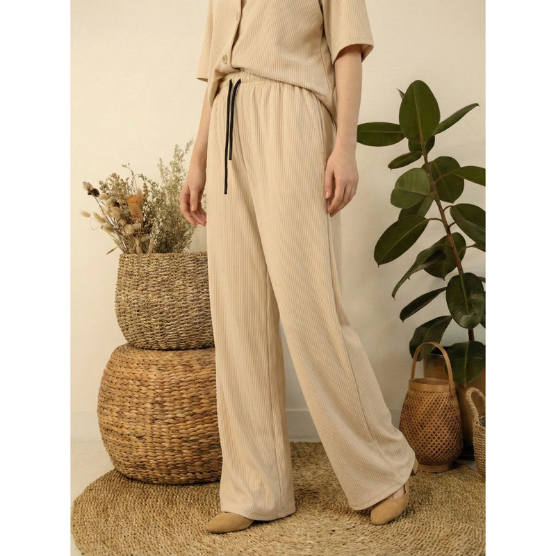 Beige Ridge Textured Wide Leg Trousers | Montivo Pakistan
