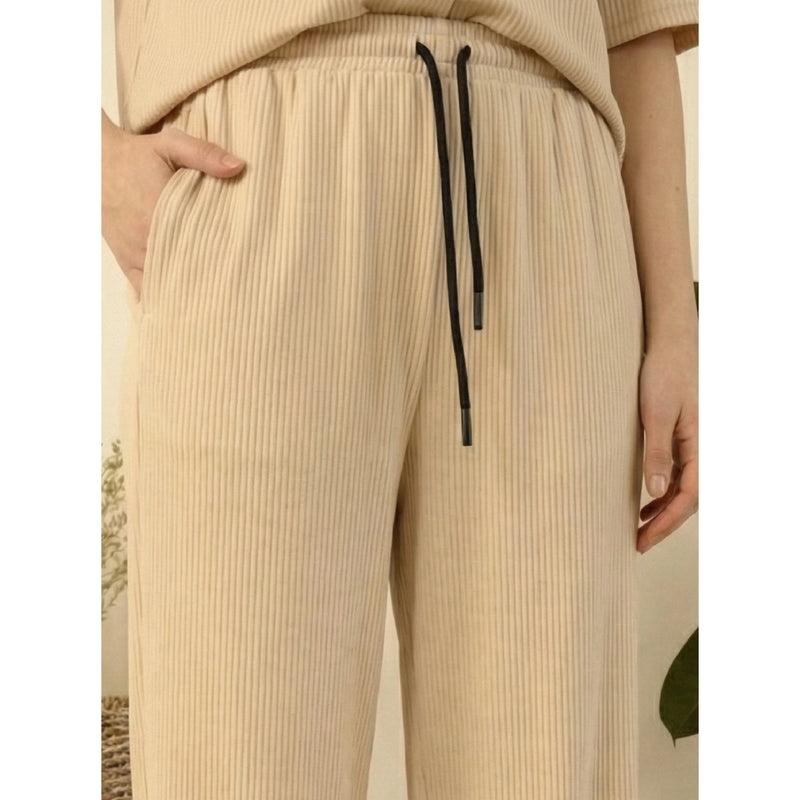 Beige Ridge Textured Wide Leg Trousers | Montivo Pakistan