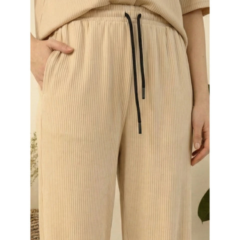 Beige Ridge Textured Wide Leg Trousers | Montivo Pakistan