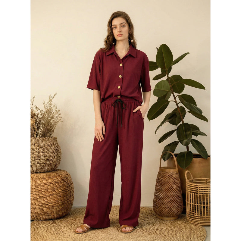 Burgundy Ridge Textured Wide Leg Trousers | Montivo Pakistan
