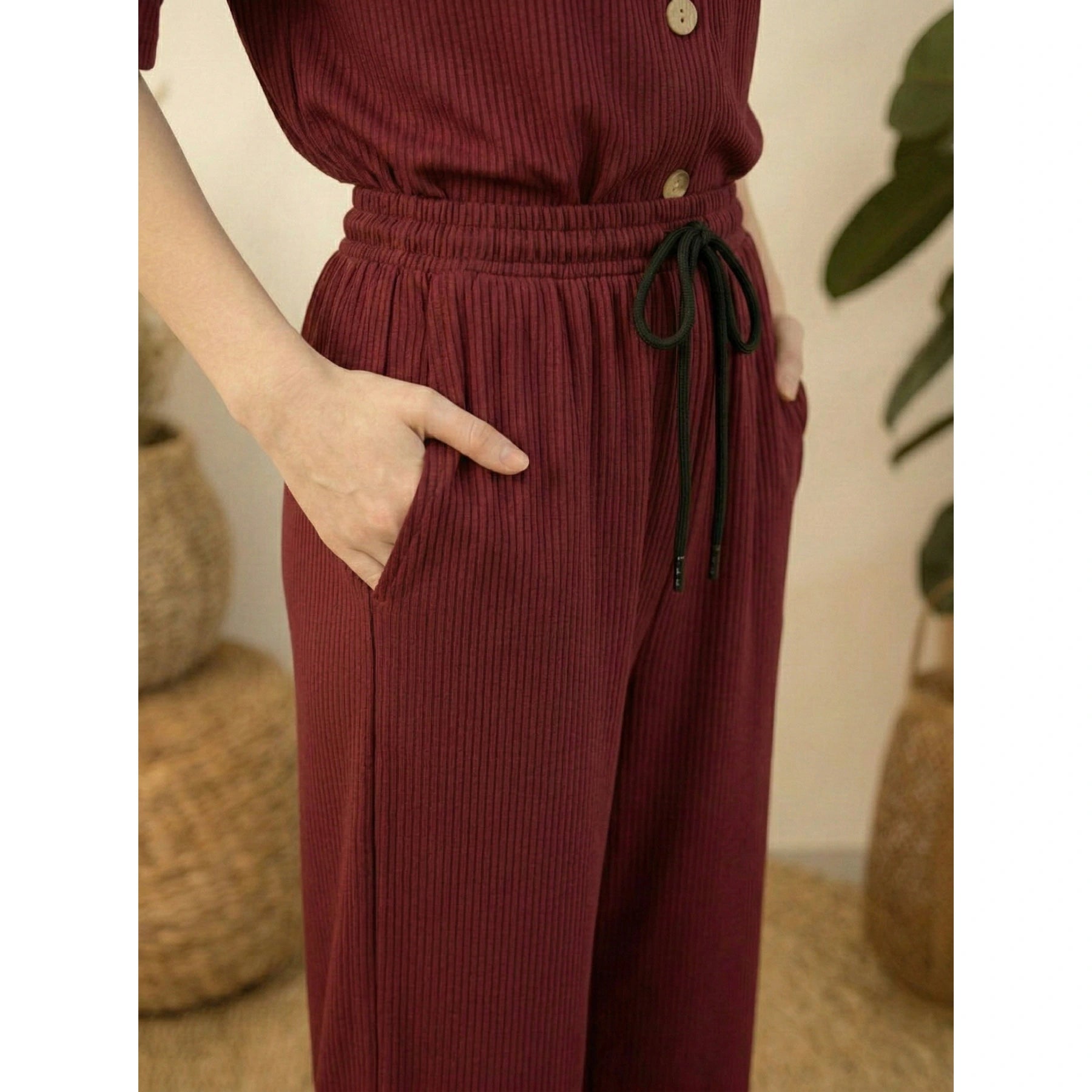 Burgundy Ridge Textured Wide Leg Trousers | Montivo Pakistan