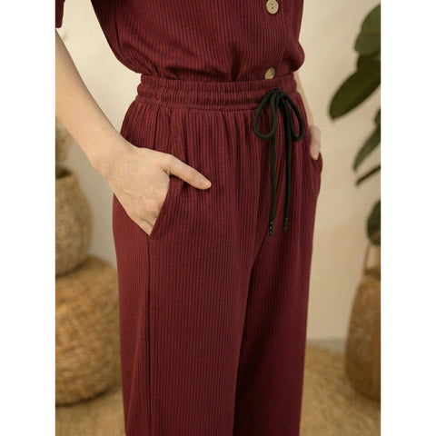 Burgundy Ridge Textured Wide Leg Trousers | Montivo Pakistan