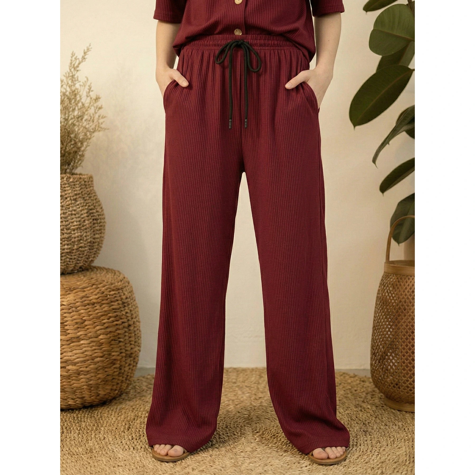 Burgundy Ridge Textured Wide Leg Trousers | Montivo Pakistan