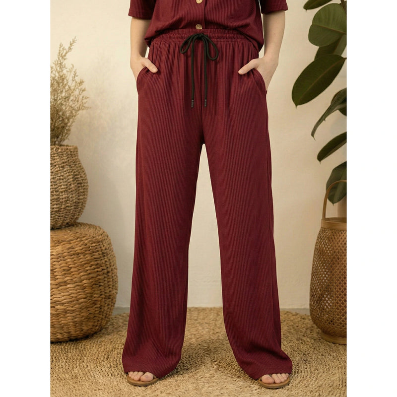 Burgundy Ridge Textured Wide Leg Trousers | Montivo Pakistan