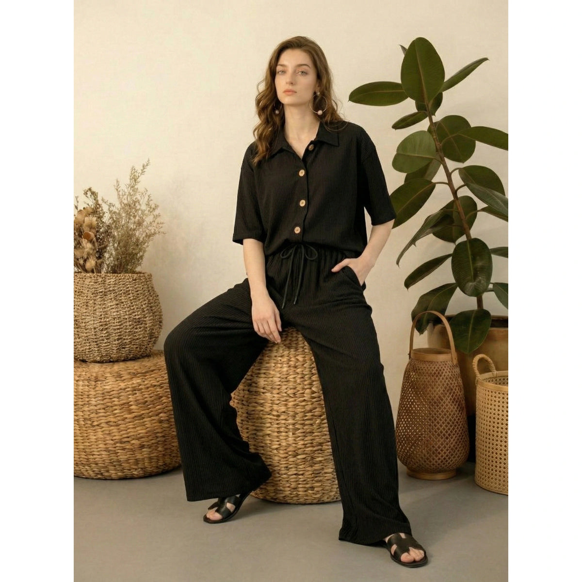 Black Ridge Textured Wide Leg Trousers | Montivo Pakistan