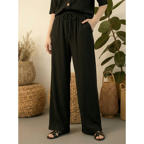 Black Ridge Textured Wide Leg Trousers | Montivo Pakistan