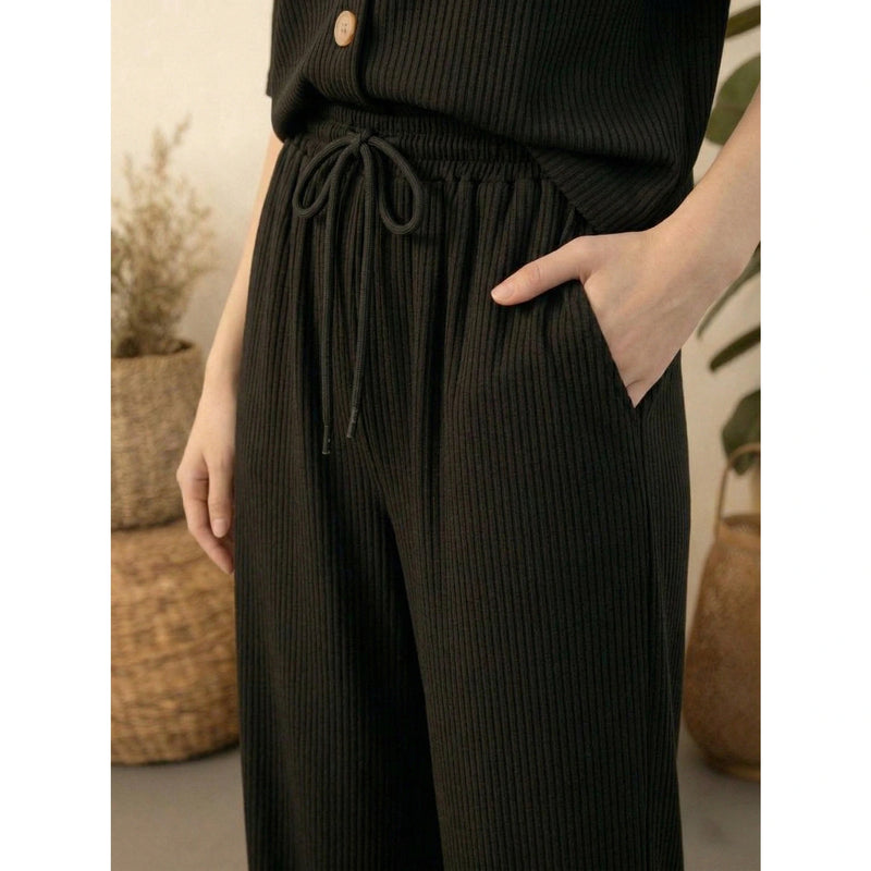 Black Ridge Textured Wide Leg Trousers | Montivo Pakistan