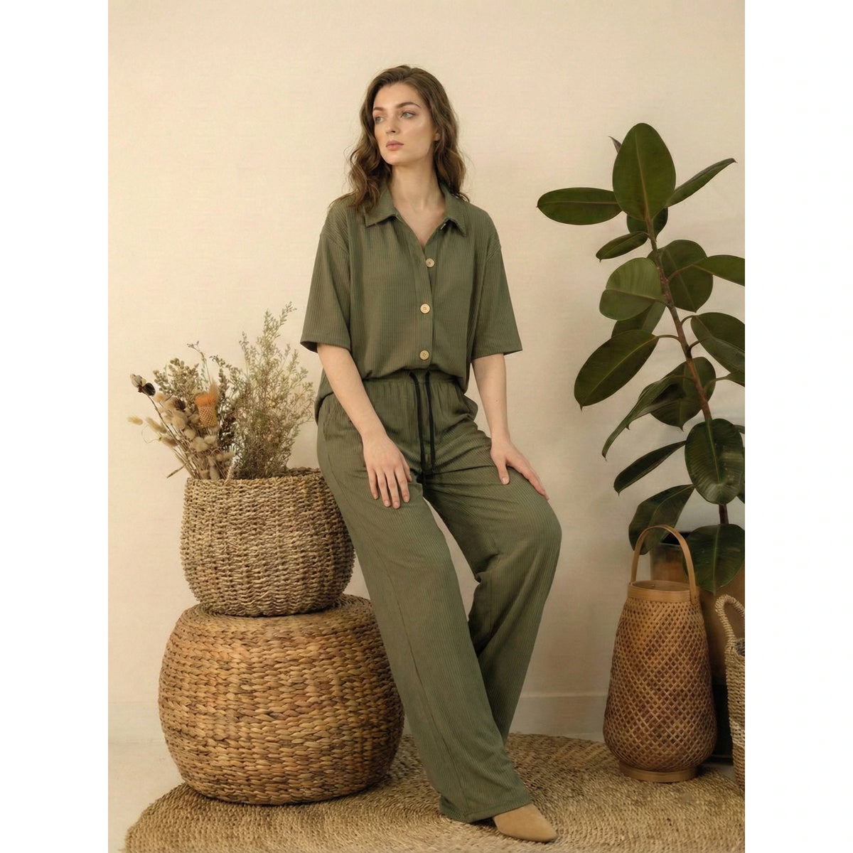 Green Ridge Textured Wide Leg Trousers | Montivo Pakistan