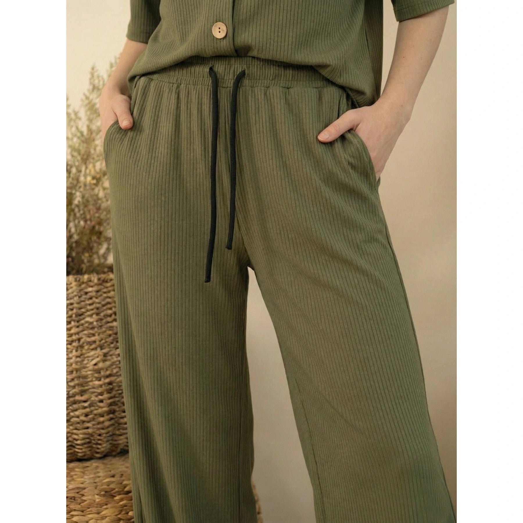 Green Ridge Textured Wide Leg Trousers | Montivo Pakistan