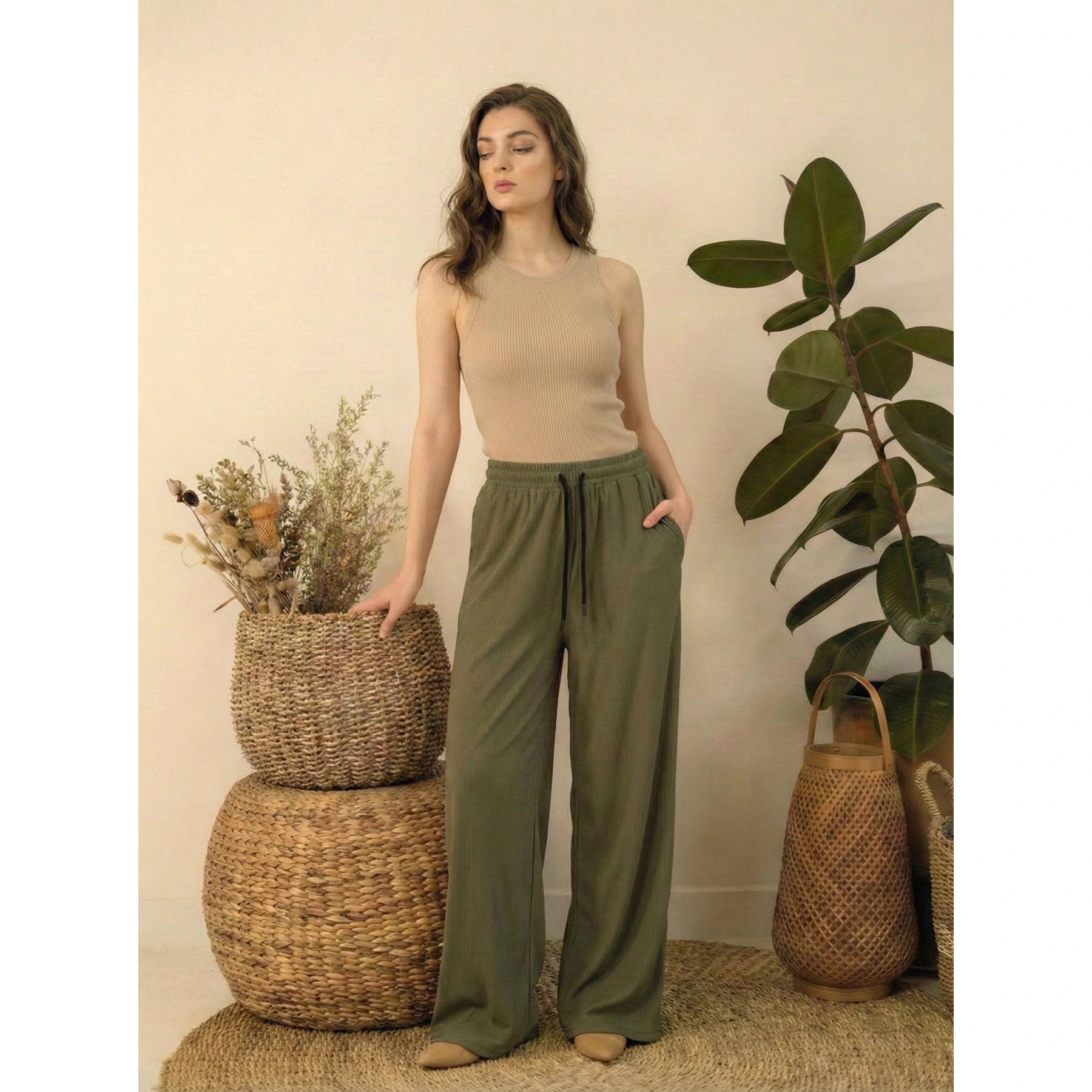 Green Ridge Textured Wide Leg Trousers | Montivo Pakistan