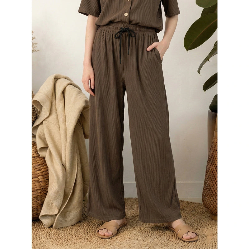 Brown Ridge Textured Wide Leg Trousers | Montivo Pakistan