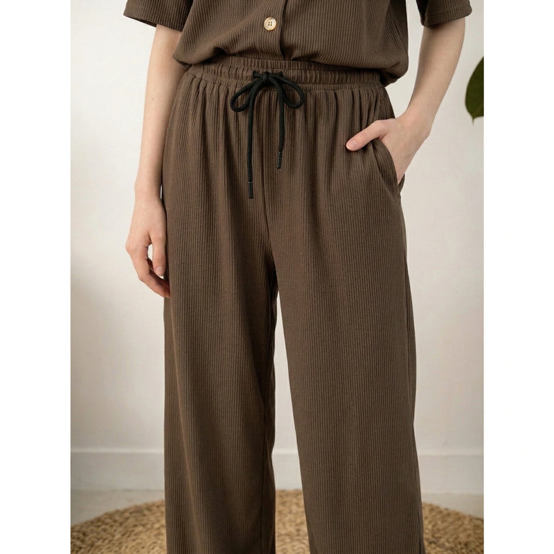 Brown Ridge Textured Wide Leg Trousers | Montivo Pakistan