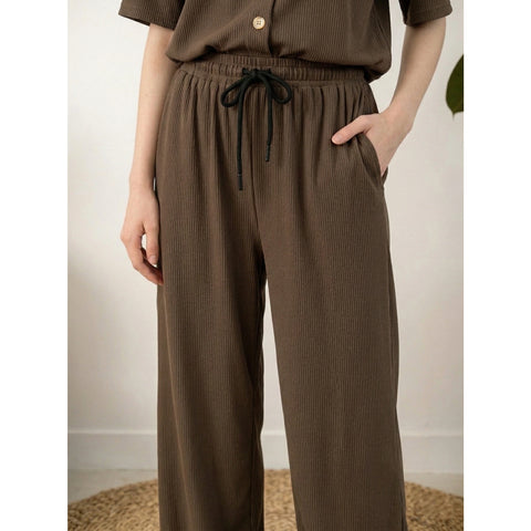 Brown Ridge Textured Wide Leg Trousers | Montivo Pakistan