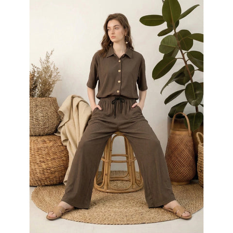 Brown Ridge Textured Wide Leg Trousers | Montivo Pakistan