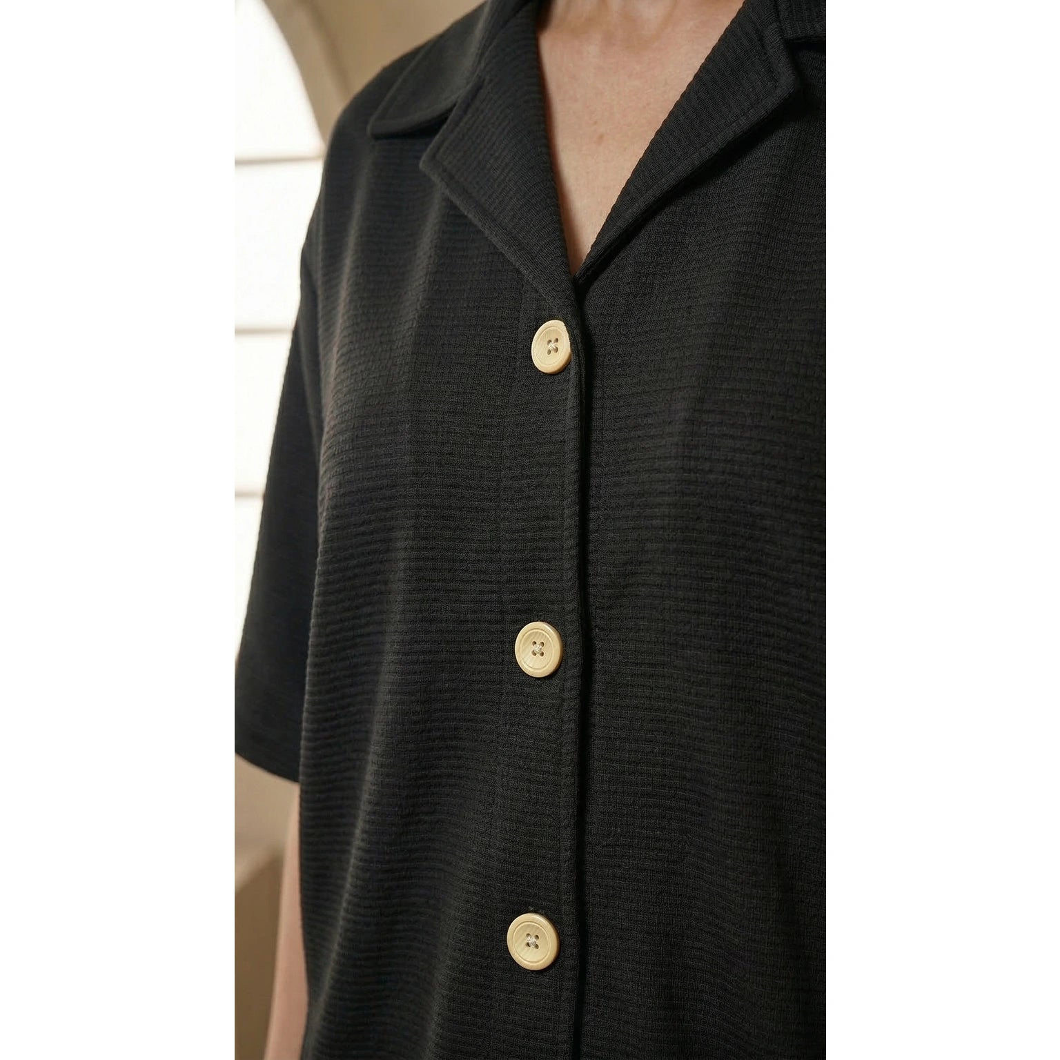 Black Waffle Cuban Collar Shirt | Montivo Pakistan